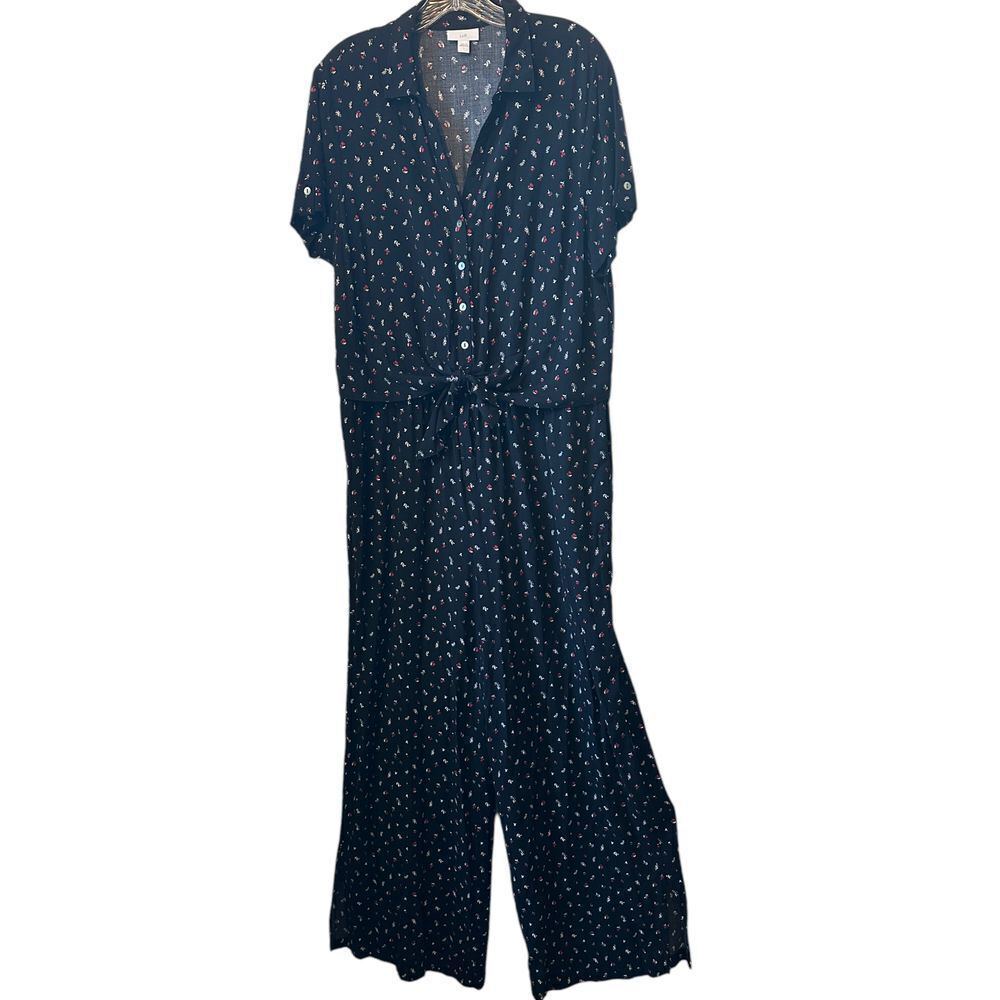 J.Jill Tiny Flower Print Jumpsuit Wide Leg Elastic Waist Tie Front Size‎ Large